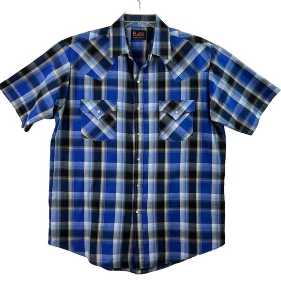 Plains Western Wear Plaid Short Sleeve Shirt L Pearl Snap Navy 2 Pockets - Picture 1 of 9